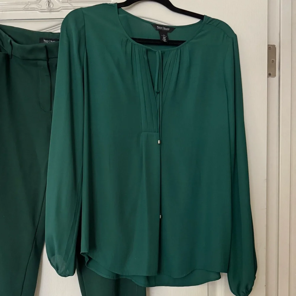White House Black Market | Dark Green Tie Blouse - Picture 2 of 13
